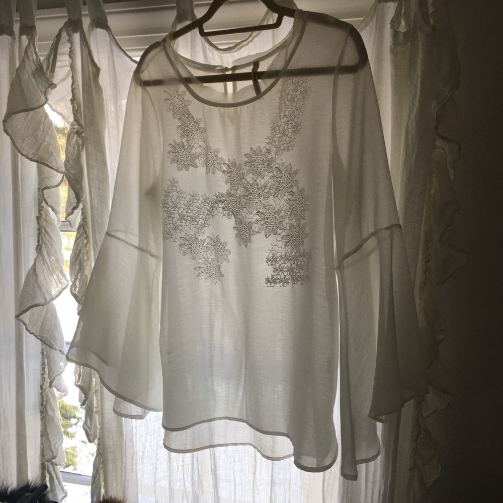 Sheer White Floral Embroidery Blouse